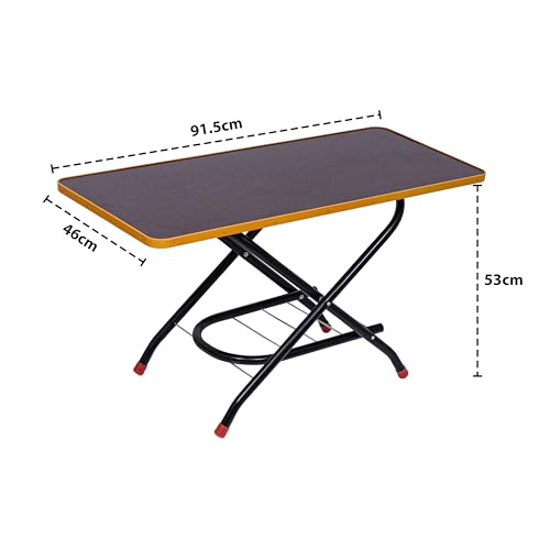 Livzing Height Adjustable Foldable Tea Table - Wooden Center Table - Powder Coated Metal Side Table/Coffee Table/Bedside Table for Home Office - Portable Laptop Table with Storage Rack - Brown