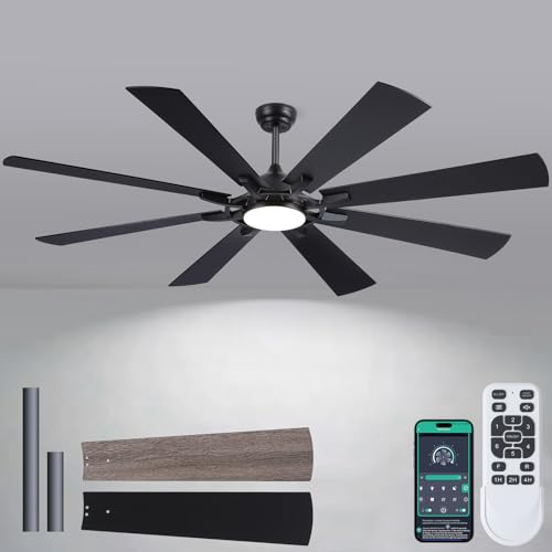 SHIHOT - Ventilador de techo grande de 72 pulgadas con luz y mando a distancia, luces negras para interiores y exteriores, ventilador de techo moderno, ventilador de techo moderno, reversible de 6