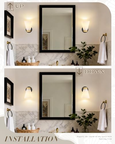 Image of Set of 2 Wall Sconces for Bathroom, HWH 1-Light Bathroom Vanity Light with Frosted Milk White Striped Glass, Indoor Wall Mount Lighting Fixtures, Black and Gold Finish, 5HZG97B-2PK BK+BG