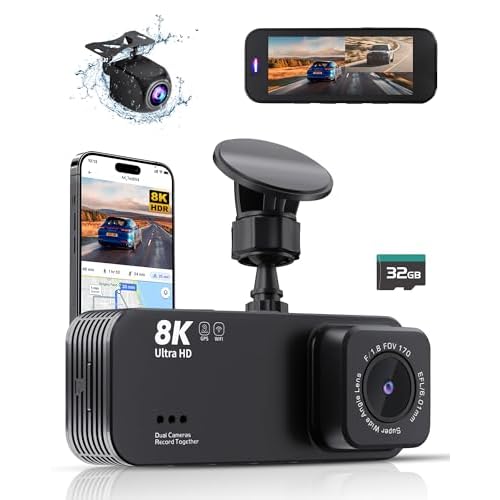 Dash Camera for Cars, Ultra HD 8K Dash Cam, Dash Cam Front and Rear with 32GB Card, Build in WiFi & GPS,3.16″ IPS Screen, WDR, Night Vision, 170°Wide Angle, 24h Parking Mode