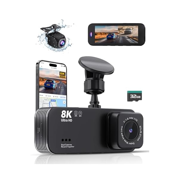 Dash Camera for Cars, Ultra HD 8K Dash Cam, Dash Cam Front and Rear with 32GB Card, Build in WiFi & GPS,3.16″ IPS Screen, WDR, Night Vision, 170°Wide Angle, 24h Parking Mode