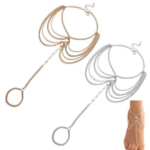 2 PCS cavigliera donna, Cavigliera bohémien da spiaggia, a strati, dorata, con anello per dita dei piedi, accessorio...