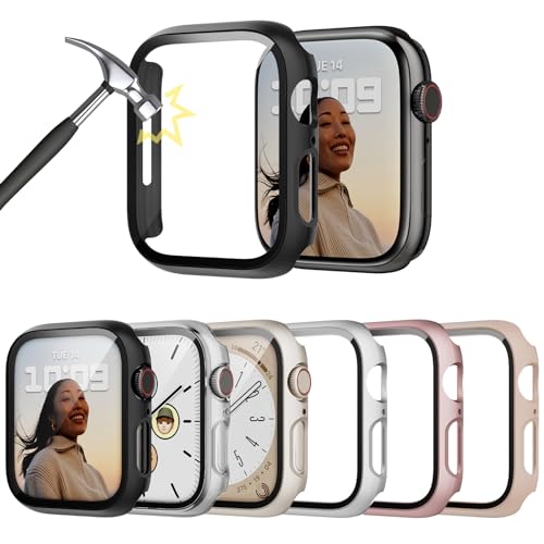 Lovmunia 6-Stück Hard Gehäuse mit Displayschutzfolie Kompatibel mit Apple Watch Series 9/8/7 41mm, Rundum PC Ultradünne Schutzhülle Eingebaut Kratzfest Gehärtetes Glas Schutzfolie für iWatch 41mm