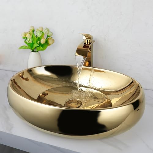KECTIAKL 23 Inch Bathroom Vessel Sink Gold Ceramic Sink Bowl, Above ...