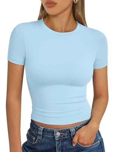 Trendy Queen Womens Basic T Shirts Summer Tops 2025 Short Sleeve Crop Tops Slim Fit Gym Workout Y2k Clothes Baby Blue M