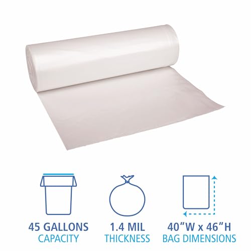 Image of Boardwalk Recycled Low-Density Polyethylene Can Liners, 45 Gallon Garbage Bags, 1.4 mil, 40 inch x 46 inch, Clear, 10 Bags /Roll, 10 Rolls /Carton