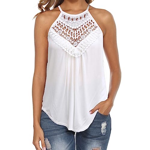 KBRPEY Camiseta Mujer Plisado Camisa Mujer sin Mangas y Cuello Redondo Moda Blusas de Mujer Elegantes Encantador T-Shirt Largo Sólido Tops Camiseta Tirantes Top con Botones en la Espalda(Blanco L)