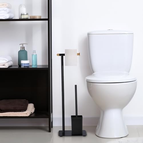 Image of Relaxdays WC Set, Bamboo, Stainless Steel, Free-Standing, incl. 2 Spare Heads, Toilet Roll & Brush Holder, Black /Natural, 64.5 x 22 x 18 cm