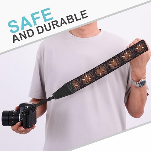 Image of Padwa Lifestyle Brown Sun God Camera Strap - 2 inch Full Grain Leather Ends Camera Straps for Photographers, Vintage Embroidered Cotton Soft Suede Fabric Padded Strap Quick Release fits All Cameras