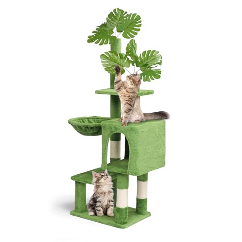 VINGLI Cat Tree, Cat Tower with Leaves, Cat Condo for Indoor Kittens, Cats Activity Center with Cozy Hammock, Sisal Scratching Posts, Green (48 inch)