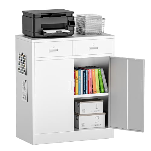 Metal Storage Cabinet with 2 Drawers 36" H,White Metal Garage Cabinets with 2 Lockable Doors and Adjustable Shelves Easy to Assemble for Home Office, Kitchen,Pantry,Garage,Warehouse