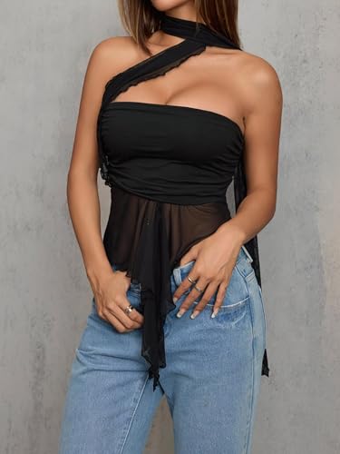 Milumia Women Going Out Halter Tops Ruched Mesh Bandeau Top with Scarf3