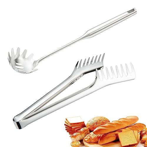 JINGAN Tenedor para pasta – Pala para espaguetis y pinzas – Servidor para espaguetis, cuchara para pasta con dientes, utensilios de servir con mango cómodo, herramienta para espaguetis de cocina