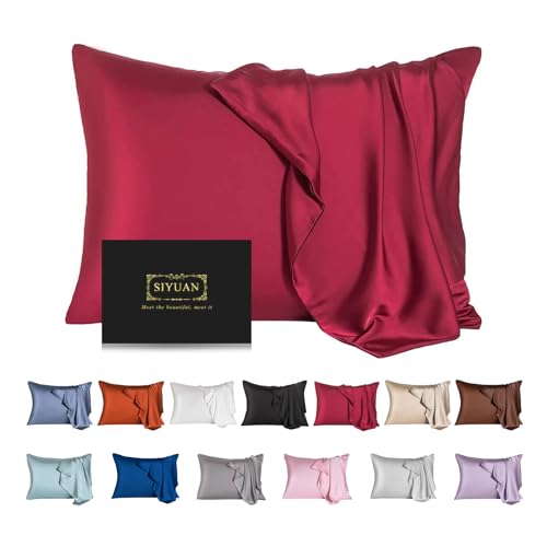 Mulberry Silk Pillowcase for Hair and Skin Standard Size Cooling Silk Pillow Case with Hidden Zipper Allergen Proof Dual Sides Soft Breathable Smooth Silk Pillow Cover for Women(Standard Dark Red)