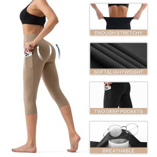 Image of YUDSUD High Waisted Leggings for Women with Pockets - Tummy Control Capris Yoga Pants for Workout Running Athletic Cycling