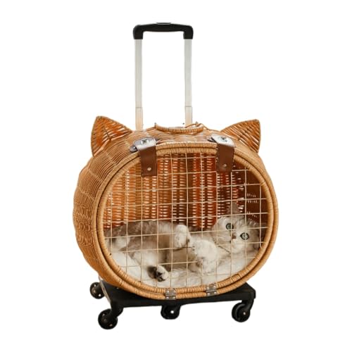 AOUTN籐製ペットキャリー 、リュック ペットキャリー キャスター付き 猫 猫用 キャリー カート 犬 小型犬 ペットキャリーケース 折り畳み 取り外し可能な車輪 ドライブ 旅行 通院 防災 避難用 キャリー (トロリースーツケース) (猫の頭の形をした