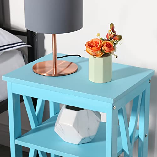 Vecelo End Side Table With Storage Shelf Cartoon Style For Children's Living Room,Bedroom,X-Design,Light Blue, Nightstand With Shelves #TOP3