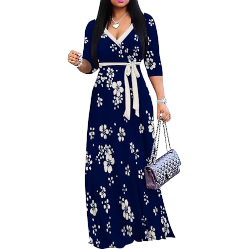 Image of PinkPatty Plus Size Maxi Dresses for Women Casual Flowy Long Dress 3 /4 Sleeve V Neck Wrap Dress with Belt