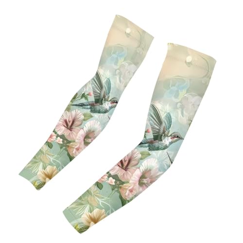 Binienty Hummingbird Flora Arm Sleeves for Women Men, Farmer Gardening Sleeves Defense Sun UV Protection Sports Athletic Sleeves for Golf, Running, Cycling
