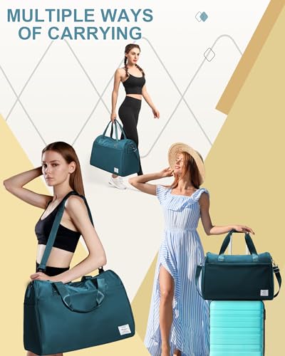 Image of Travel Duffel Bags for Women Mens, Weekender Bag with Shoe Compartment Carry on Overnight Bag with Laptop Compartment Personal Item Travel Bag Gym Bag Hospital Bag Peacock Blue