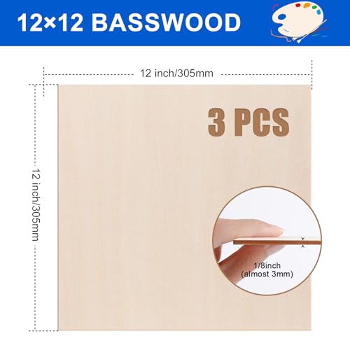 3 Pack Basswood Sheets 1/8"x12"x12", 3mm Basswood for Laser Cutting and Engraving,Thin Plywood Board Unfinished Wood for Crafts, DIY Ornaments and Architectural Model, Wood Burning. - Image 2