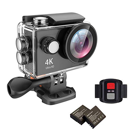YJY-K2 Videocamera Ultra HD 4K 12MP con obiettivo grandangolare da 170 gradi, impermeabile Wi-Fi Sotto 100 Feet Sport con schermo da 2 pollici IPS + 2 pezzi 1050mAh Batteria ricaricabile (Nero)