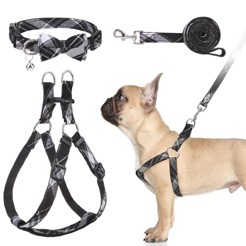 BINGPET Dog Harness Collar Leash Set,Adjustable No Pull Escape Proof Small Dog Harness,Classic Plaid Puppy Harness and Leash Set for Small Medium Large Dogs Training Easy Walk Running