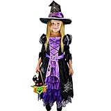 Hexen Kostüm Kinder Halloween Kostüme Mädchen Deluxe Set Hexe Kleid Mit Hut Karneval Fasching Hexenbesen Halloween Eimer (L, violett)
