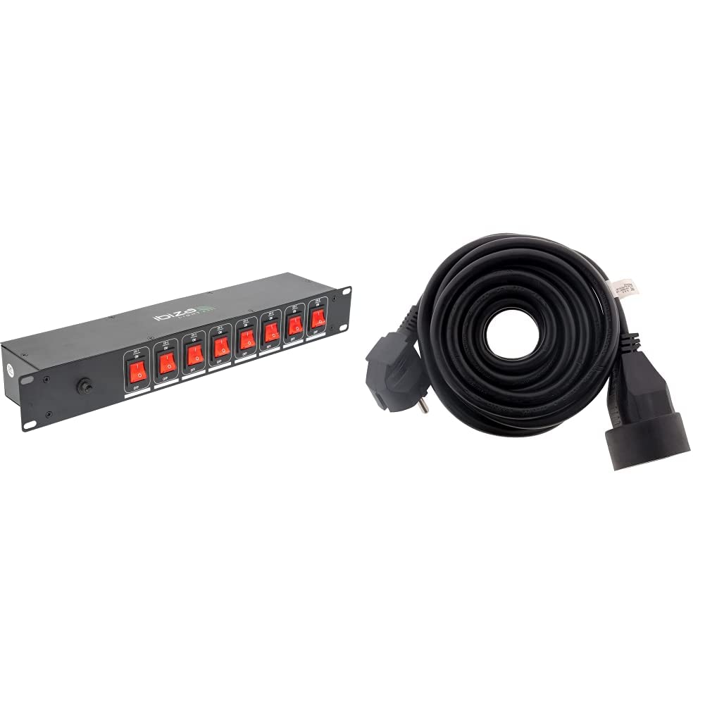 LC806S - IBIZA - Boitier multiprise encastrable 19” à 8 Voies avec commutateur dédiés - Alliage Aluminium Noir - Prises Schuko & Prolongateur 16A 2P+T HO5VV-F 3G1,5mm² Noir 5m