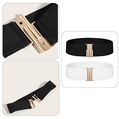 2 Pcs Black&White Wide Stretchy Waist Belts for Women, Vintage Elastic Waist Stretch Elastic Belts Plus Size Retro Adjustable Plus Size Belt with Buckle for Women Dresses, Jeans and Coats3