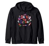 Diseño colorido con la frase "Back to school" rodeada de material escolar como tijeras y lápices.