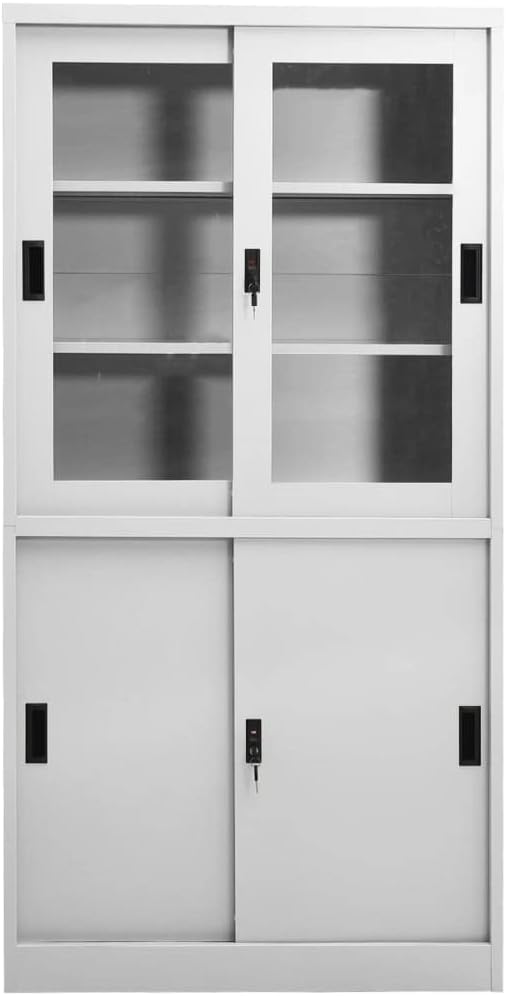 vidaXL Steel Office Cabinet with Adjustable Shelves and Locks, Light Gray - Large, Industrial Style, 35.4"x15.7"x70.9" Office Filing Cabinet with 4 Sliding Doors