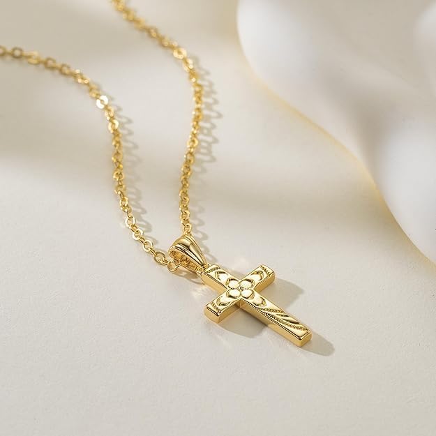 Cross Necklace for Women 14K Gold Plated Cross Necklaces for Women Necklace Crosses Pendant Floral Pattern with Delicate Cable Chain Womens Crosses Necklaces - Image 6