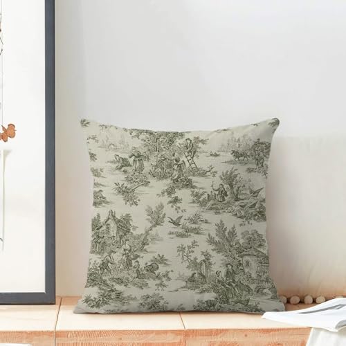 Jecuwo Toile Pillow Covers 18x18 Inch Set of 2, French Style Outdoor Decorative Throw Pillowcase Vintage Sage Green Toile De Jouy Cushion Cover for Sofa Couch Farmhouse Living Room Bed Decor by Jecuwo - Used condition - Image 2