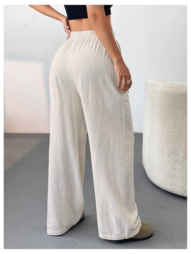 Floerns Women's Linen Wide Leg Pants Elastic Waist Casual Loose Long Trousers with Pockets3