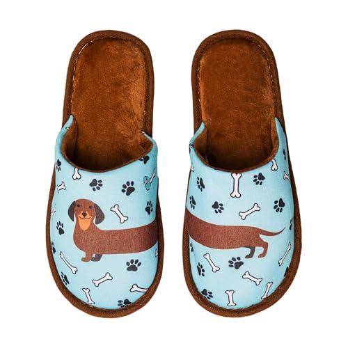 Dedoles Hausschuhe Damen Herren & Kinder Memory-Foam viele lustige Designs Einhorn Musik Regenbogen Comics Spiele Geschenk, Farbe: Blau, Motiv: Langer Dackel, Gr. 38-39 EU