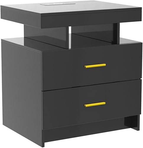 Miniatura 4 de HNEBC Mesita de noche LED, RGB negro con estación de carga USBinalámbrica, moderna mesita de noche con sensor automático de luces RGB, mesa auxiliar