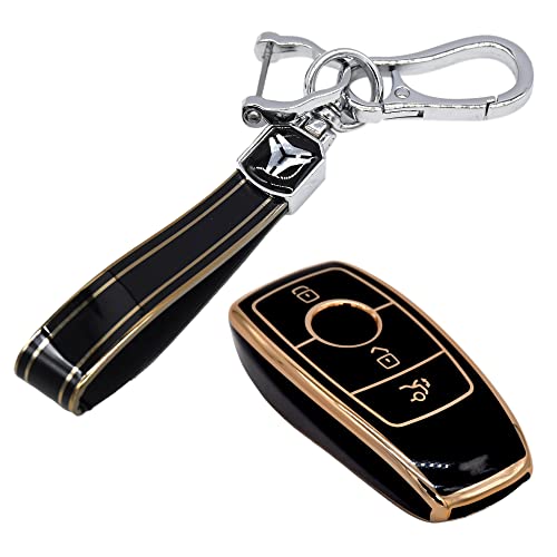 Image of KMH TPU Gold Car Smart Key Cover Compatible for Mercedes Benz E Series and S Series 3 Push Button Smart Key Shell Case Holder, Key Protector with Keychain (Black Gold) Pack of 2