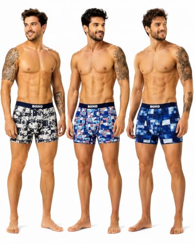 Image of BONO Men Cotton Blend Printed Trunk Combo Anti-Bacterial Moisture Wicking No Marks Stretchable Regular Fit Waistband Underwear Pack of 3 (Darkblue-Multicolor-TurquiseBlue-M)