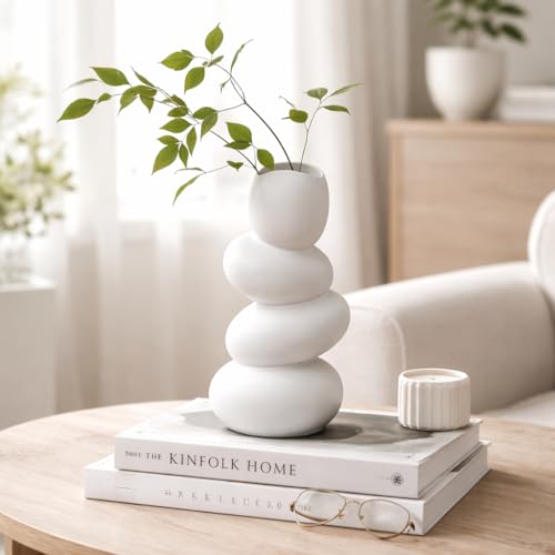 Image of Ceramic Pebble Vase, 9 inch Stacked Stone Design for Pampas Grass & Modern Home Decor, Unique Geometric Flower Vase Centerpiece (White)
