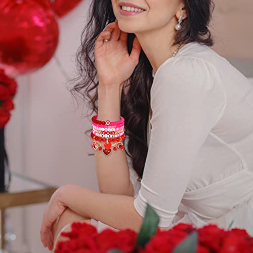 Faerliiry Valentine’s Day Beaded Bracelets Heishi Stretch Bracelets For Women Girls Preppy Beaded Bracelets Love Kiss Stackable Charms Bracelet Holiday Party Gifts (Valentine's Day-6Pcs) #TOP2