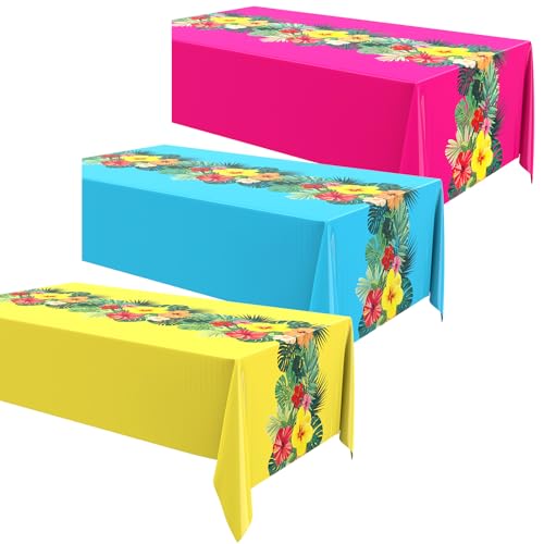 Image of Irenare 3 Sheets Hawaiian Luau Tablecloths for Party Decoration 54 x 108'' Tropical Palm Leaves Table Cloth Hawaii Disposable Rectangular Plastic Table Cover for Summer Beach (Rose Red,Blue,Yellow)
