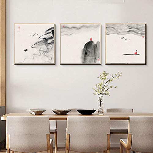 Toile paysage encre noir et blanc déco murale salon triptyque affiche moderne 50x50 impression