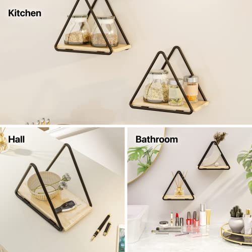 Benoldy, Triangle Mini - Luxury Varnished Pine Wood Floating Shelf - Black Metal Frame Mini Wall Decor Shelves For Bathroom, Living Room, Bedroom And Kitchen #TOP7