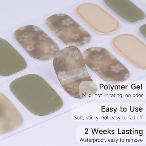 28pcs Semi Cured Gel Nail Strips, Gel Nail Stickers Kit Work with Any UV Lamps, Long Lasting Nails Wraps for Women, Easy to Use and Remove (Green Flower)