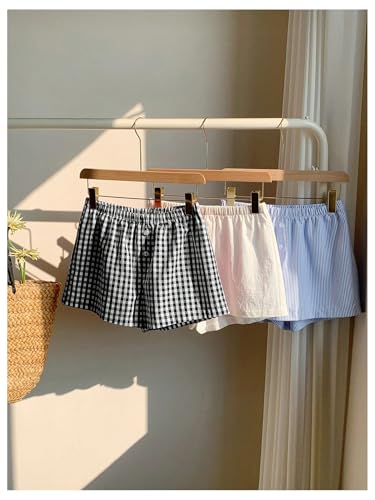 Image of MakeMeChic Women's 3 Pack Linen Shorts Gingham Striped Beach Shorts | Summer, Plaid, Cover Up Shorts