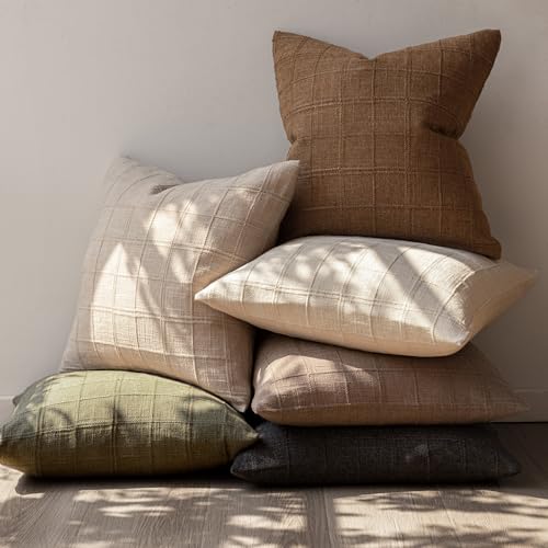 Image of Foindtower Set of 1 Decorative Linen Check Throw Pillow Cover Neutral Long Body Lumbar Cushion Cover Farmhouse Vintage Boho Home Decor for Sofa Chair Couch Bedroom Living Room,14x36 Inch,Brown Hazel