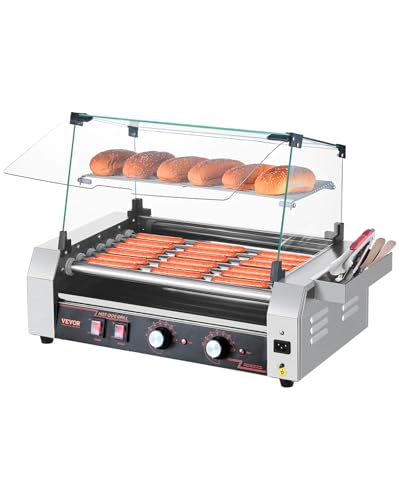 VEVOR Hot Dog Roller, 18 Hot Dog 7 Rollers, Stainless Steel Sausage Grill Cooker, 1050W Commercial Hot Dog Machine with Dual Temp Control, Cover, Side Storage Box, Removable Shelf & Oil Drip Tray