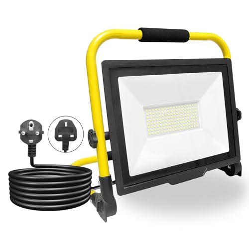 PICAA 100W Projecteur de Chantier LED avec Prise, 10000LM Lampe d'extérieur Pliable Portable Projecteur Led, Rotation à 360° Pour Travaux d'atelier, Garage, Terrasse, Jardin, Etanche IP66 6000K Blanc