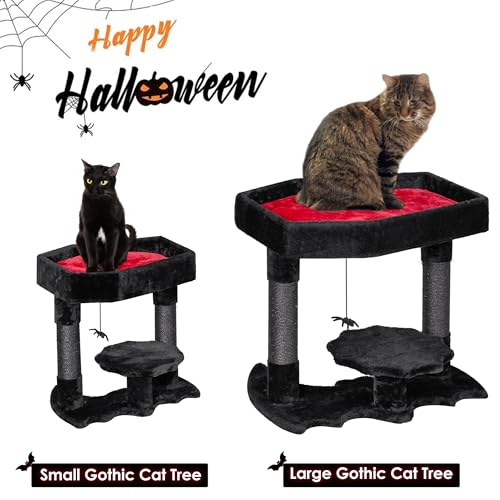 BEWISHOME Larger Cat Tree Tower for Indoor Heavy Gothic Cat Trees with Coffin Bed, Gothic Cat House with Scratching Posts, Cat Shelves for Kitten, Spider Toy, Spooky Coffin Black with Red MMJ91L - Thumbnail 3